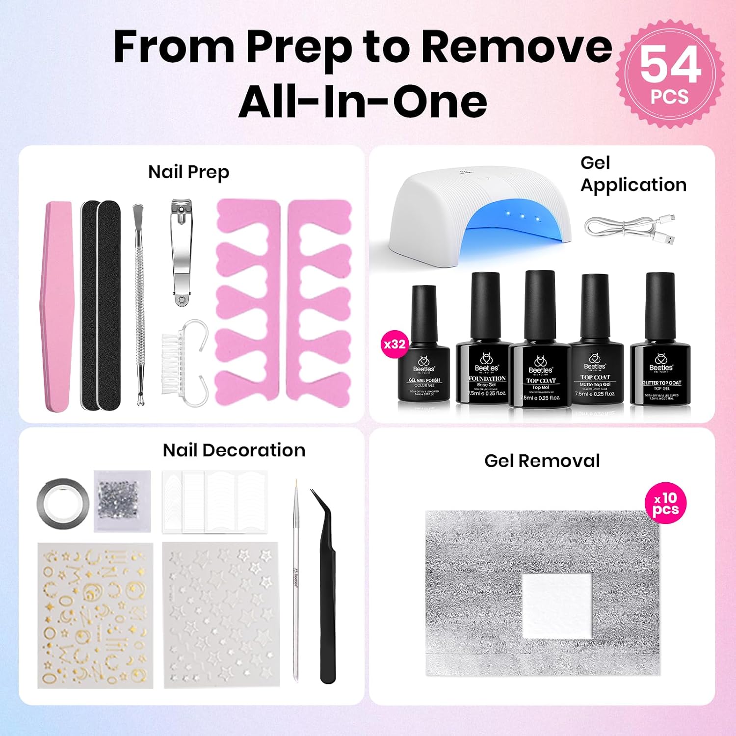 Gel nail polish kit with 32 color bottles, UV lamp, base and top coats, and nail tools - 3