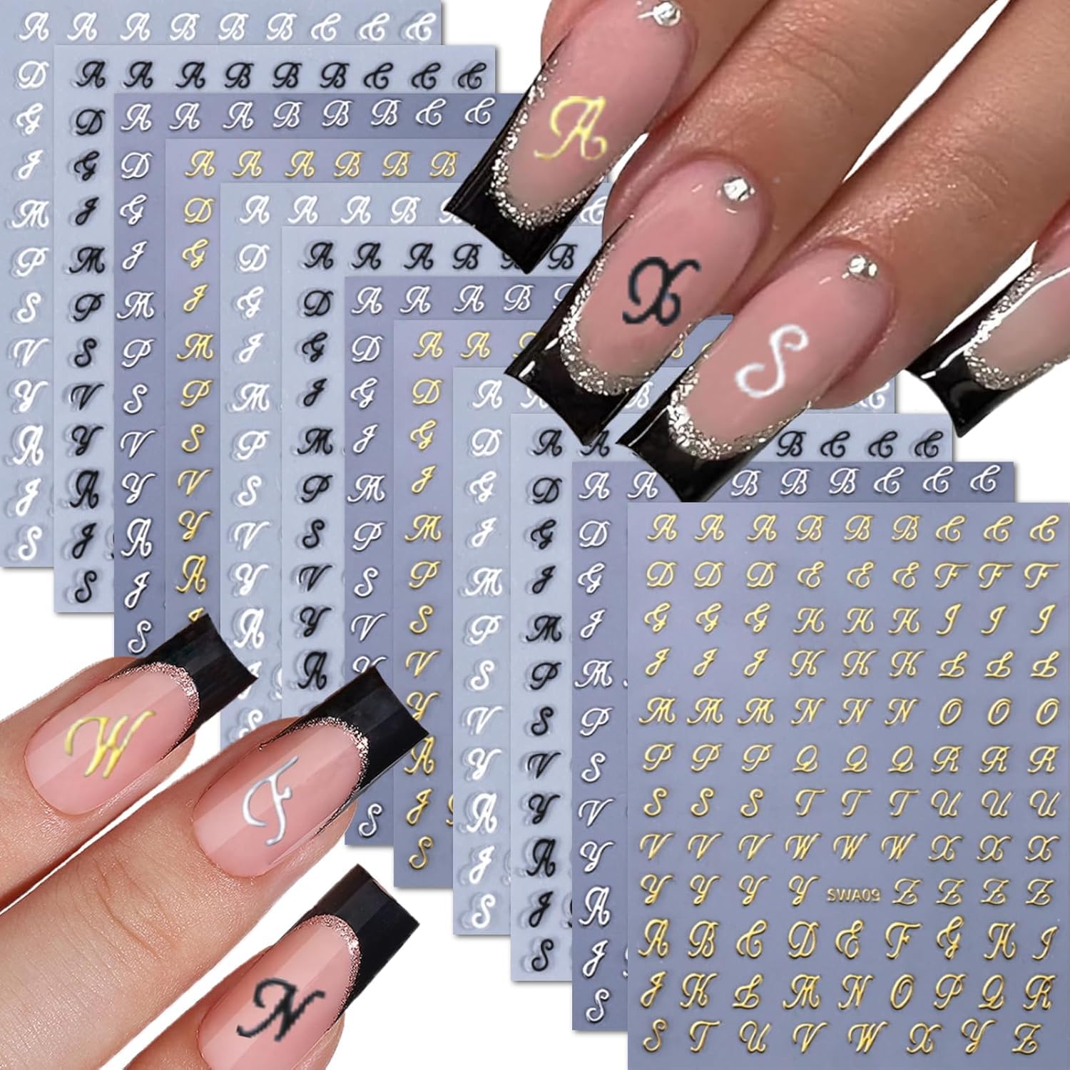 Gold Alphabet Nail Stickers — 12 Sheet Retro 3D Decals