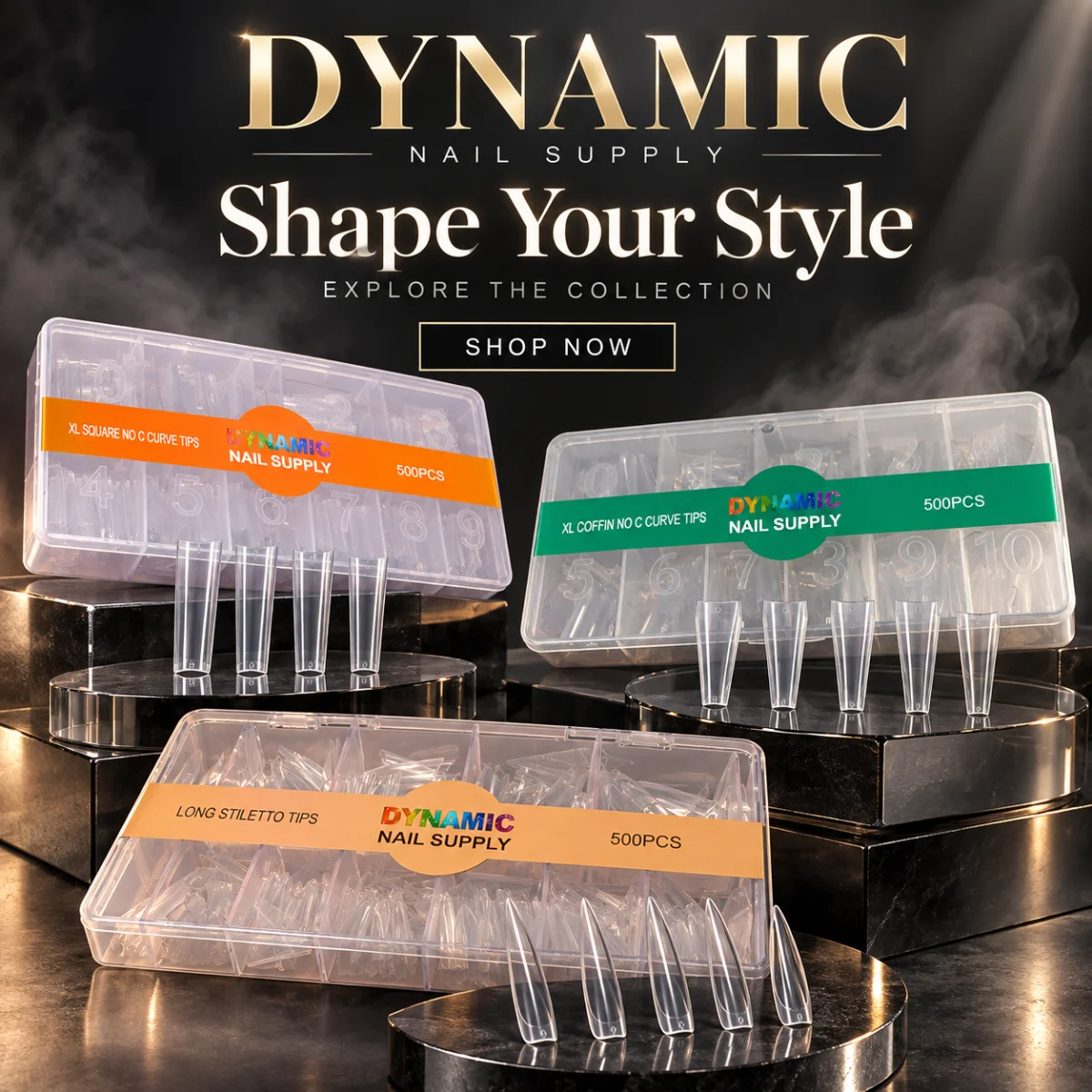 XL square, XL coffin and long stiletto nail tips boxes